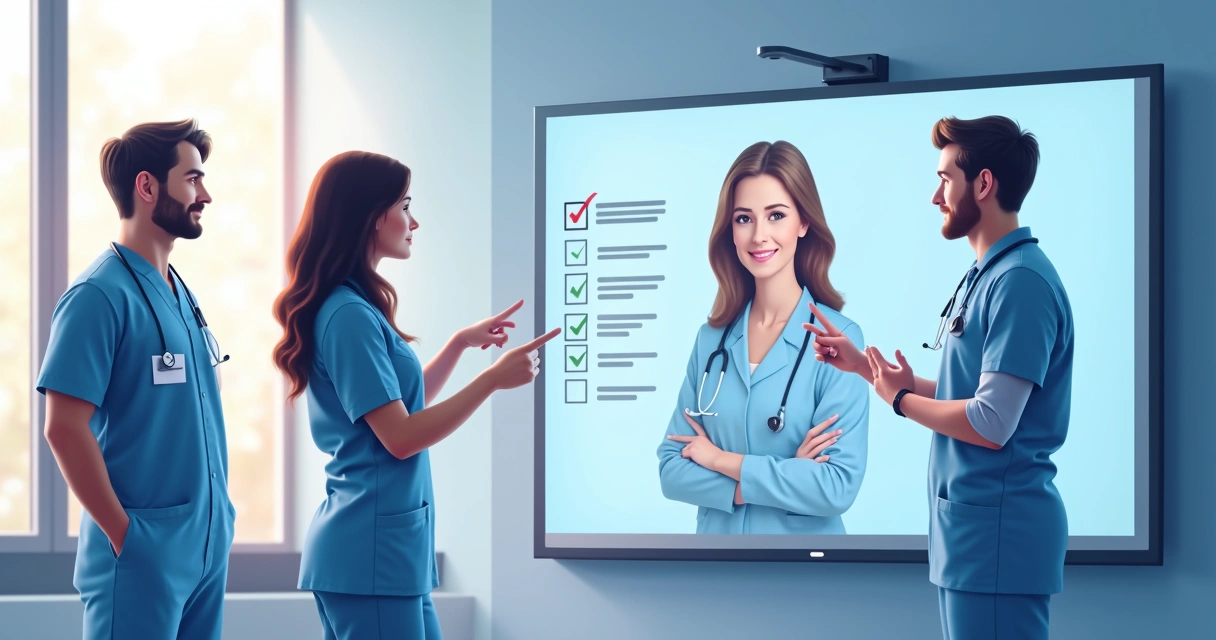 Equipe médica revisando conteúdo digital antes da publicação 