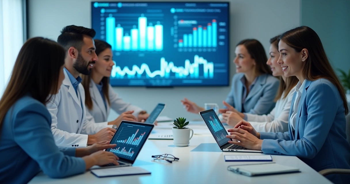 Equipe de marketing desenvolvendo estratégias digitais para clínicas, mostrando gráficos e tablets 