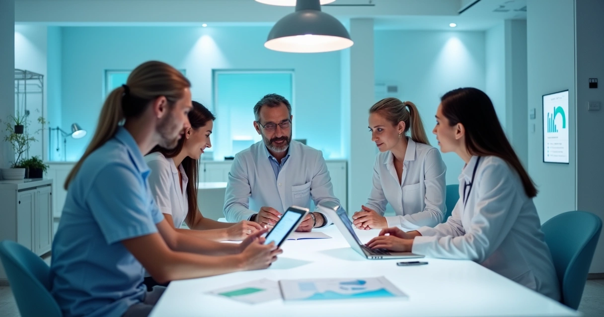 Equipe discutindo estratégias de marketing em ambiente de clínica moderna 
