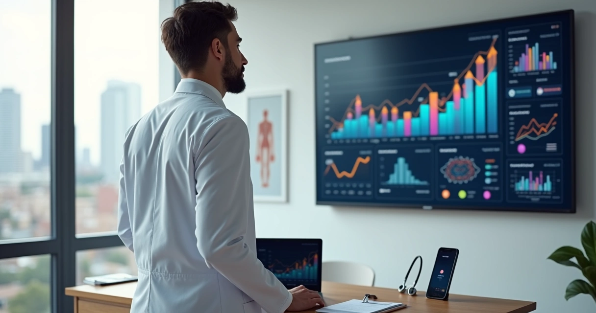 Médico especialista em consultório moderno olhando gráficos de marketing em tela grande 