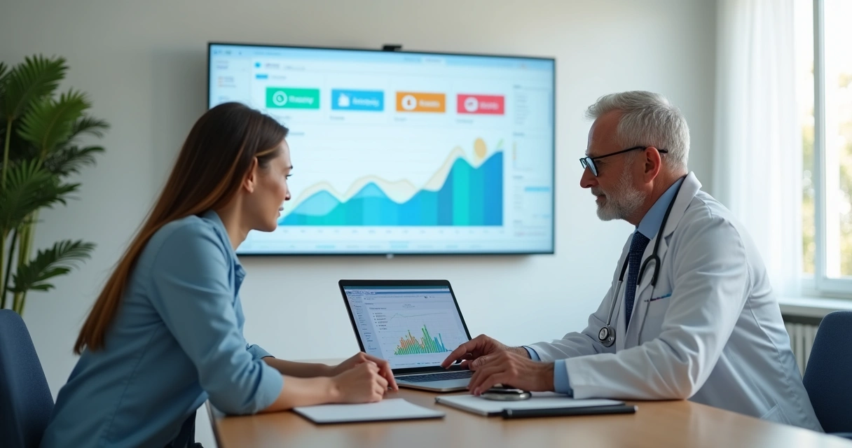 Médico em consultório sorrindo enquanto analisa gráficos de marketing em notebook ao lado de especialista digital 