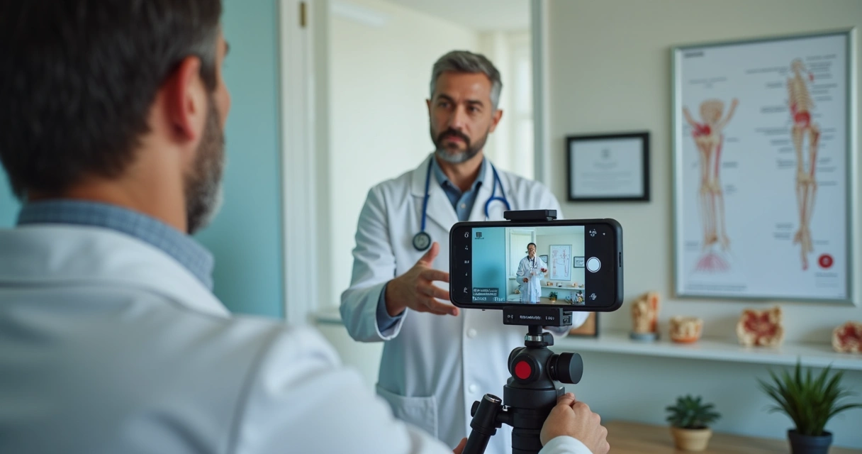 Ortopedista grava vídeo educativo para pacientes em consultório 