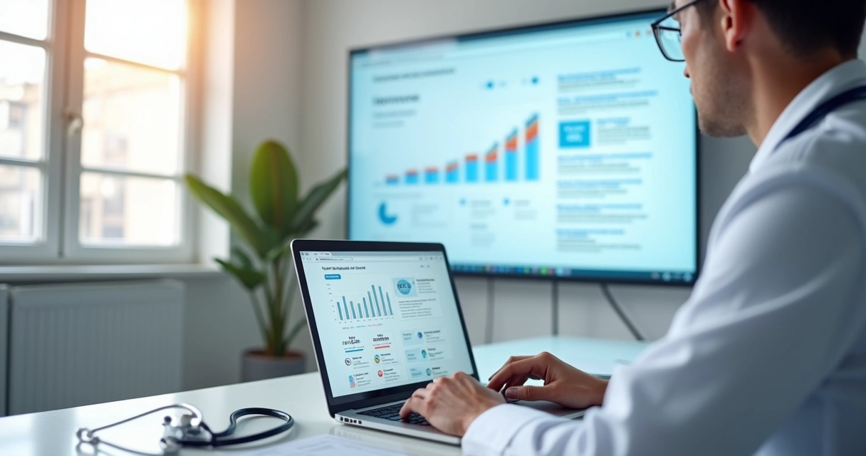 Médico usando notebook em consultório enquanto analisa gráficos de marketing digital 