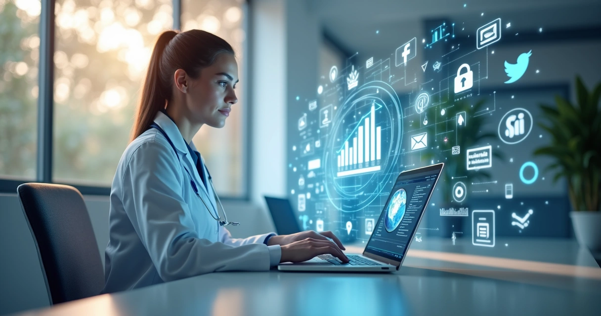Profissional da área médica trabalhando em laptop com gráficos digitais de marketing e ícones de redes sociais ao fundo 