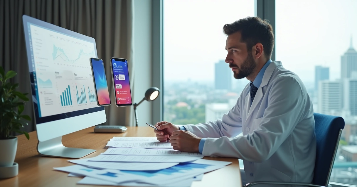 Médico em consultório analisando gráficos de marketing ao lado de telas com redes sociais 