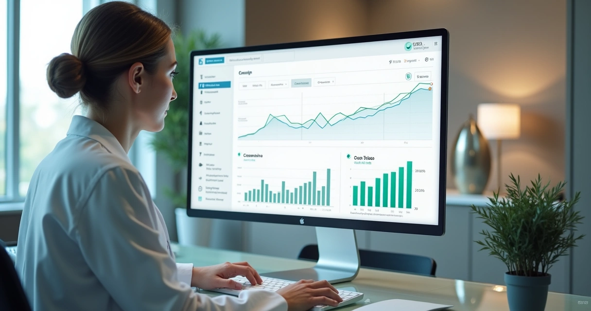 Médico analisando métricas de marketing em painel com gráficos e ícones de cirurgia plástica 