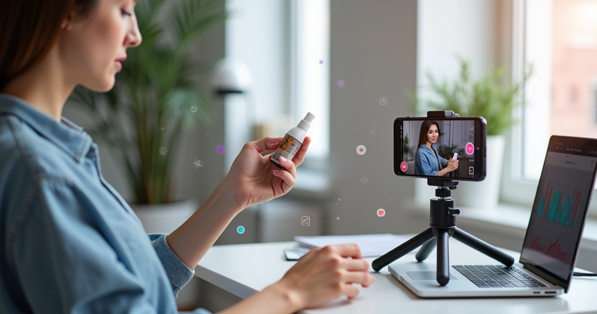 Criadora de conteúdo gravando vídeo para redes sociais mostrando produto enquanto interage com seguidores na tela do smartphone 