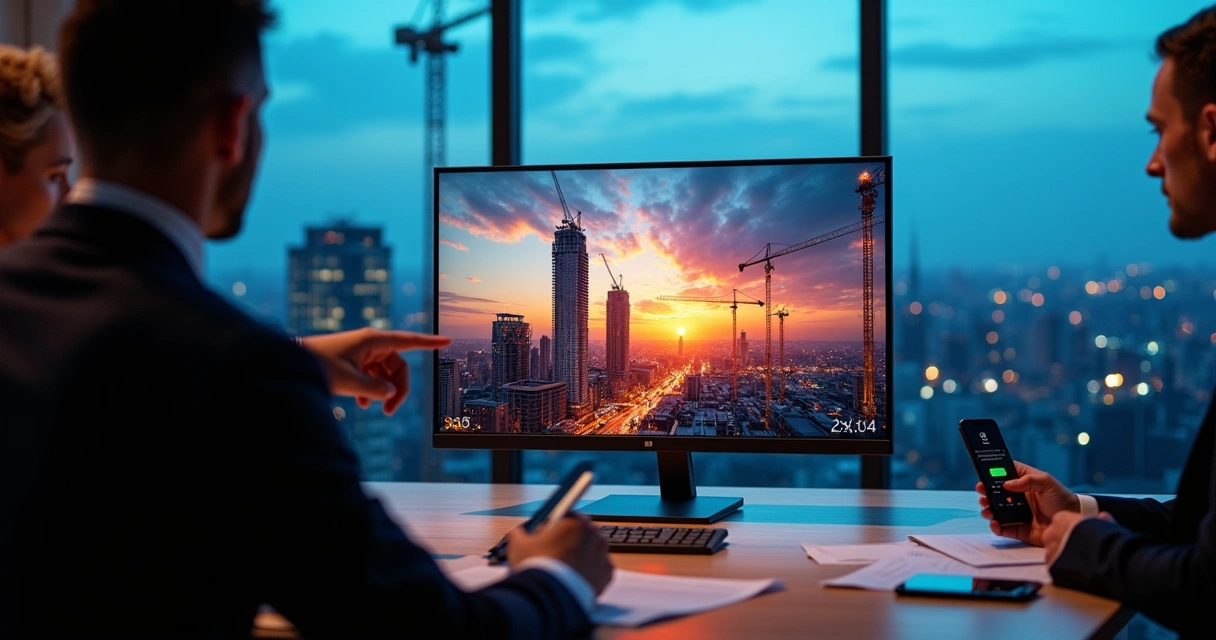 Vídeo de marketing de obra em tela larga mostrando sequência time-lapse capturada por drones sobre canteiro urbano 