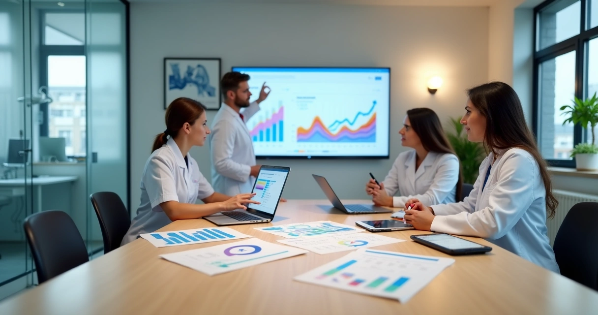 Equipe de marketing e dentista analisando gráficos em consultório moderno 