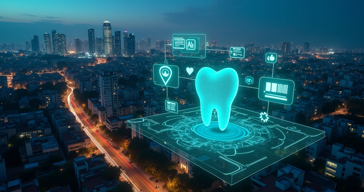 Vista aérea de Belo Horizonte à noite com ícones digitais de marketing odontológico sobre a cidade 