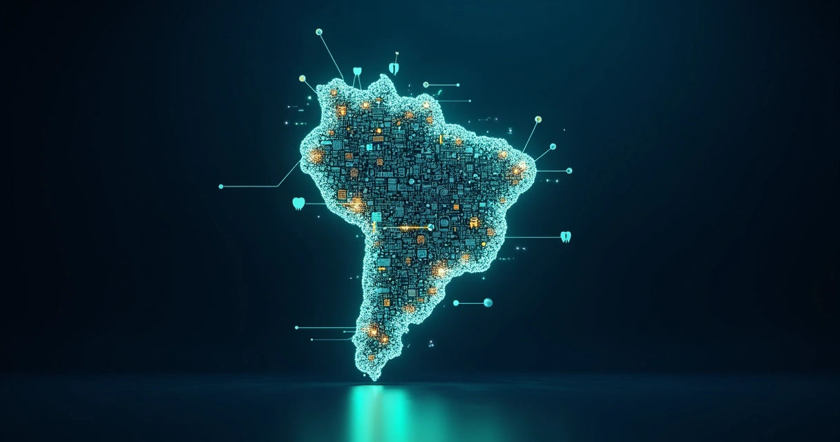 Mapa do Brasil formado por ícones digitais e odontológicos em estilo moderno 