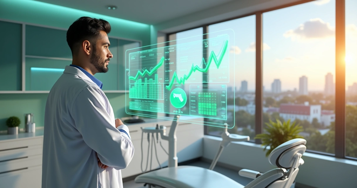 Dentista observando painel digital com crescimento de marketing odontológico 