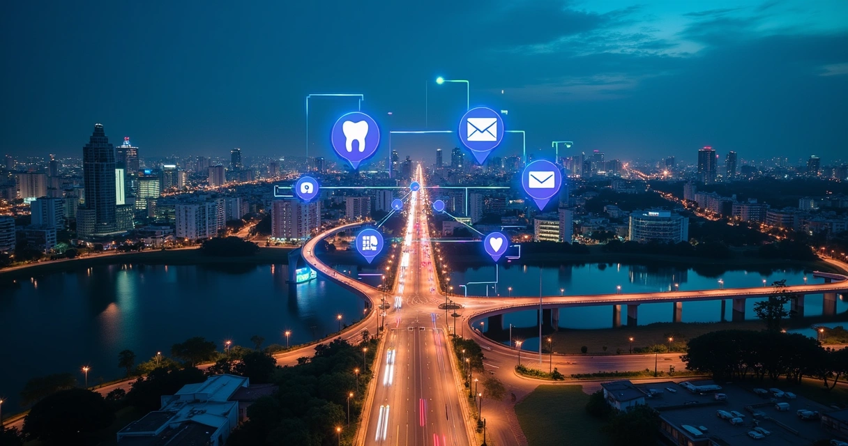 Vista aérea noturna de Campinas com ícones digitais conectando clínicas e pacientes 