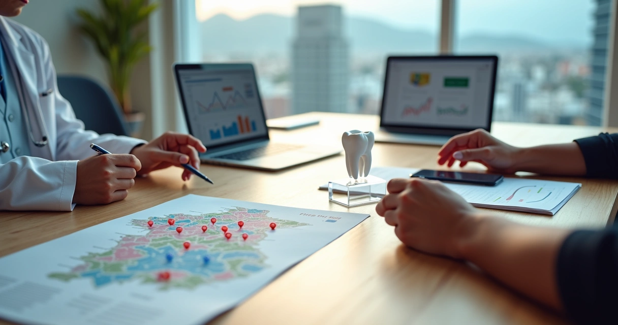 Mesa com maquete de dentes e mapa de Caxias do Sul lado a lado a gráficos de marketing digital. 