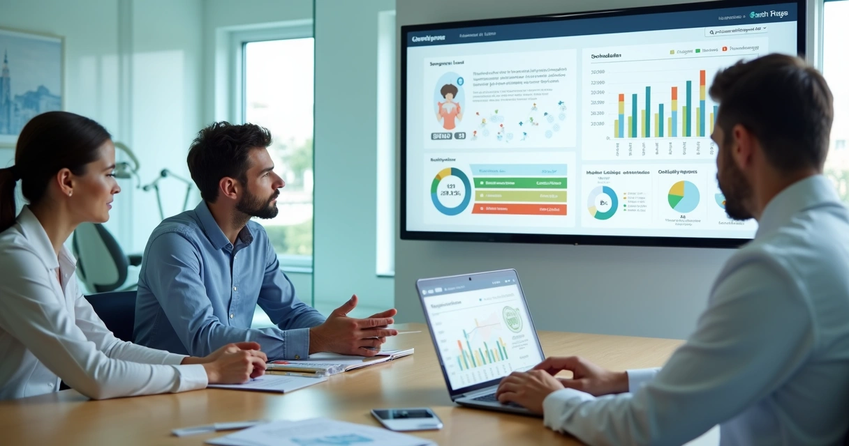 Dentista analisando painel com funil de pacientes e agenda cheia ao lado de equipe de marketing digital 