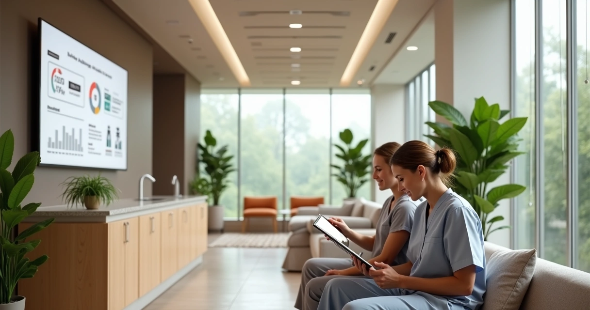 Dentista mostra planejamento digital para paciente em clínica odontológica moderna 