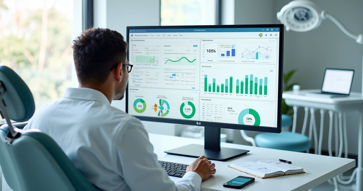 Dentista analisando gráficos de marketing digital em consultório odontológico moderno 