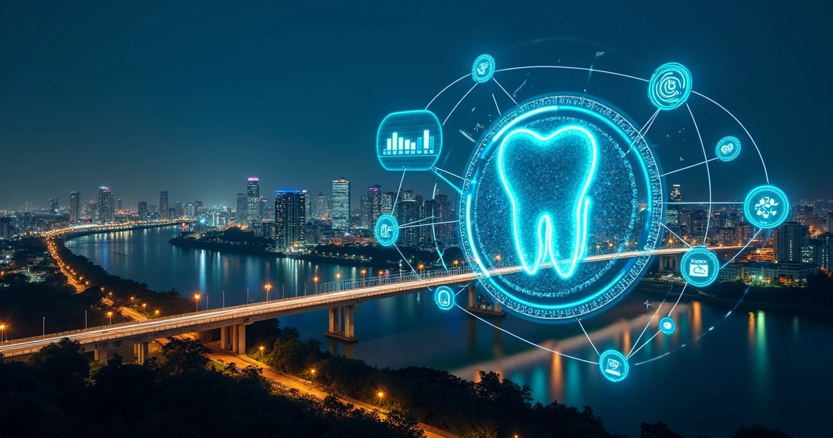 Vista aérea noturna de Cuiabá com ícones digitais de marketing e odontologia flutuando sobre a cidade 