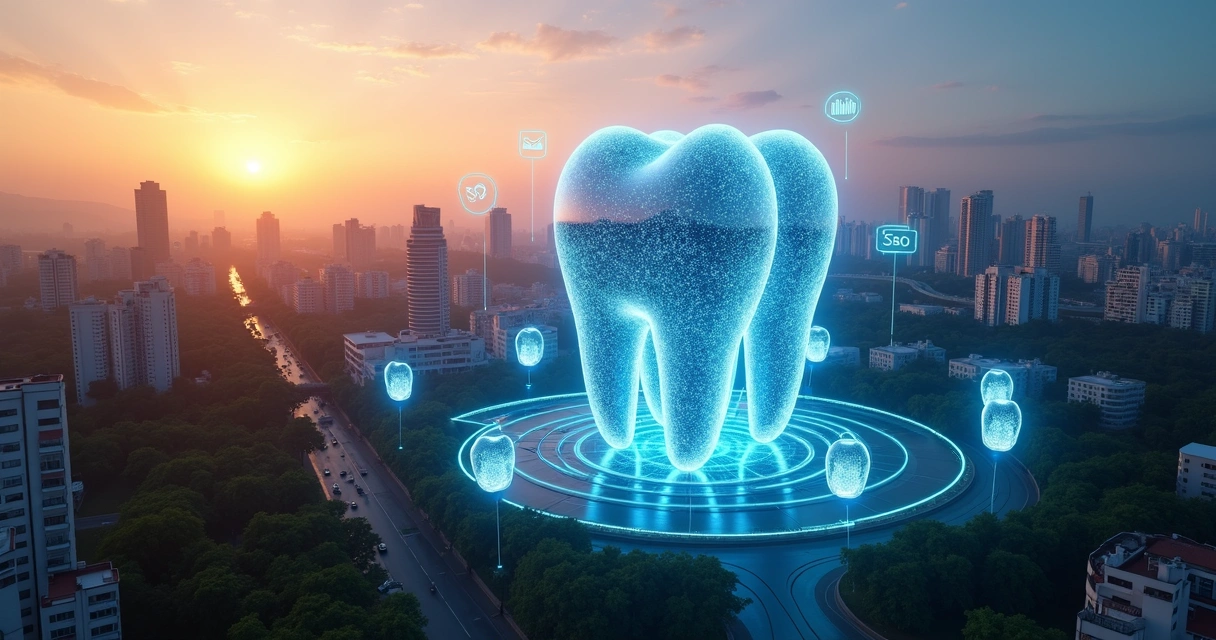 Vista aérea de Curitiba com ícones digitais ligados a um dente estilizado gigante no centro 