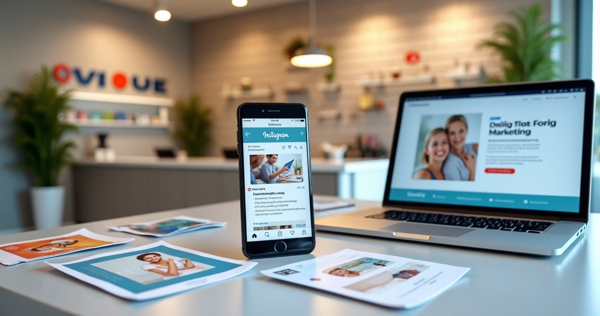 Material de divulgação de clínica odontológica em mídias digitais e flyers impressos