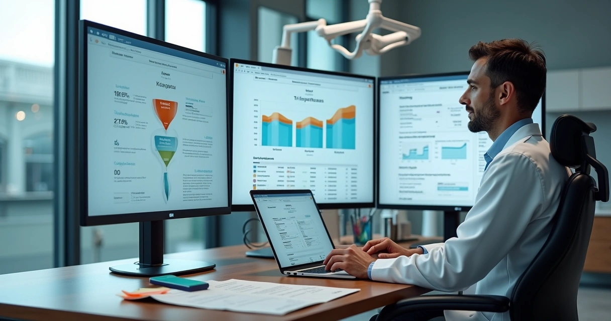Dentista em consultório analisando gráficos de marketing odontológico em telas digitais 