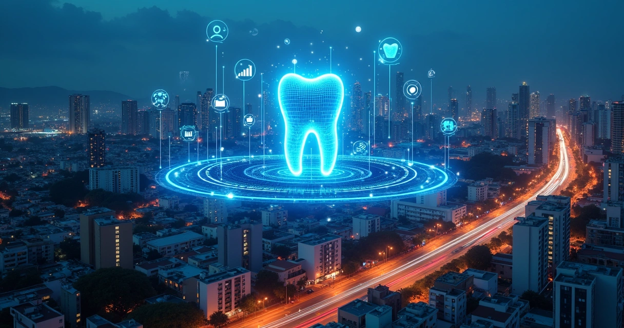 Vista aérea de Guarulhos com ícones digitais ligados a dente estilizado 