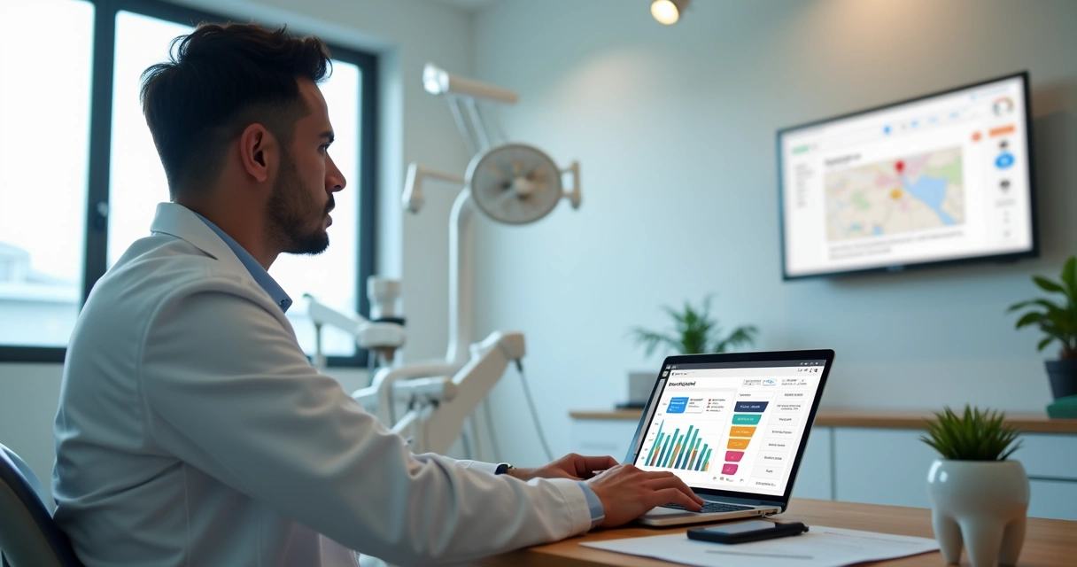Dentista analisando gráficos de investimento em marketing digital na clínica 