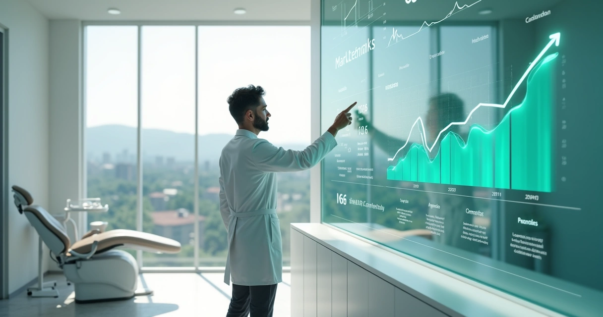 Dentista em Jundiaí analisando painel digital de marketing odontológico com gráficos de crescimento 