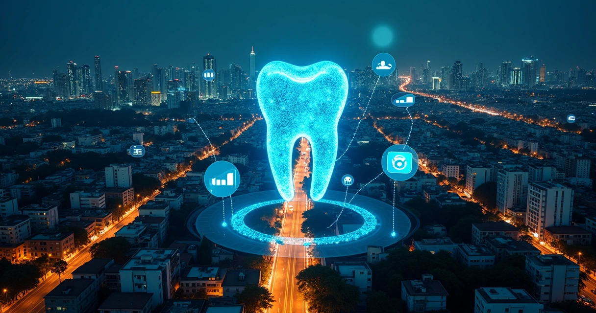 Vista aérea noturna de Londrina com ícones digitais de marketing e odontologia sobre a cidade 