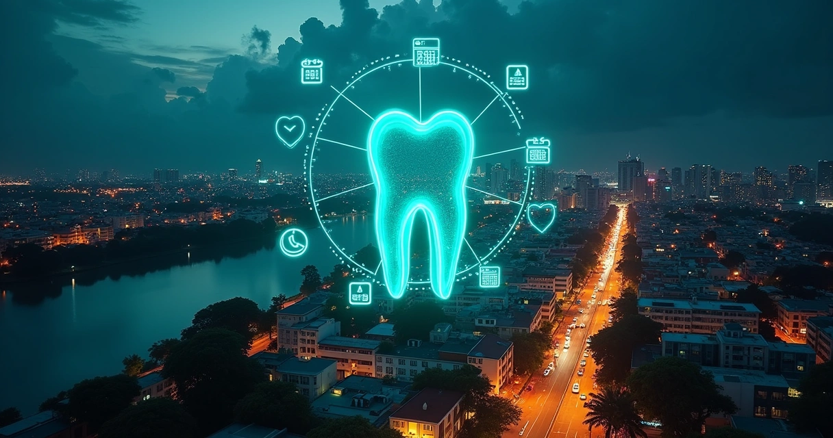 Vista aérea noturna de Manaus com ícones digitais e símbolo de dente iluminado sobre a cidade 