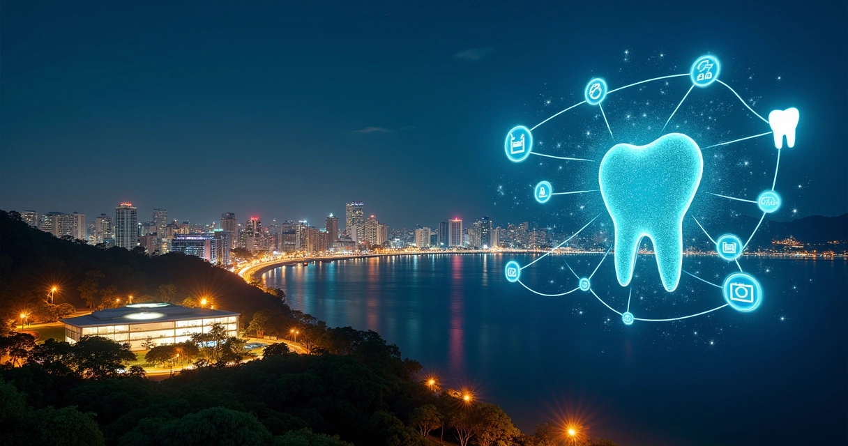 Vista noturna de Niterói com ícones de marketing digital ligados a clínica odontológica 