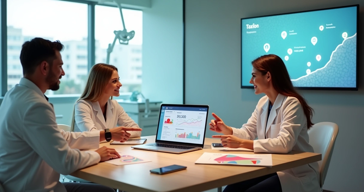 Equipe de marketing e dentista planejando estratégias digitais em clínica moderna 