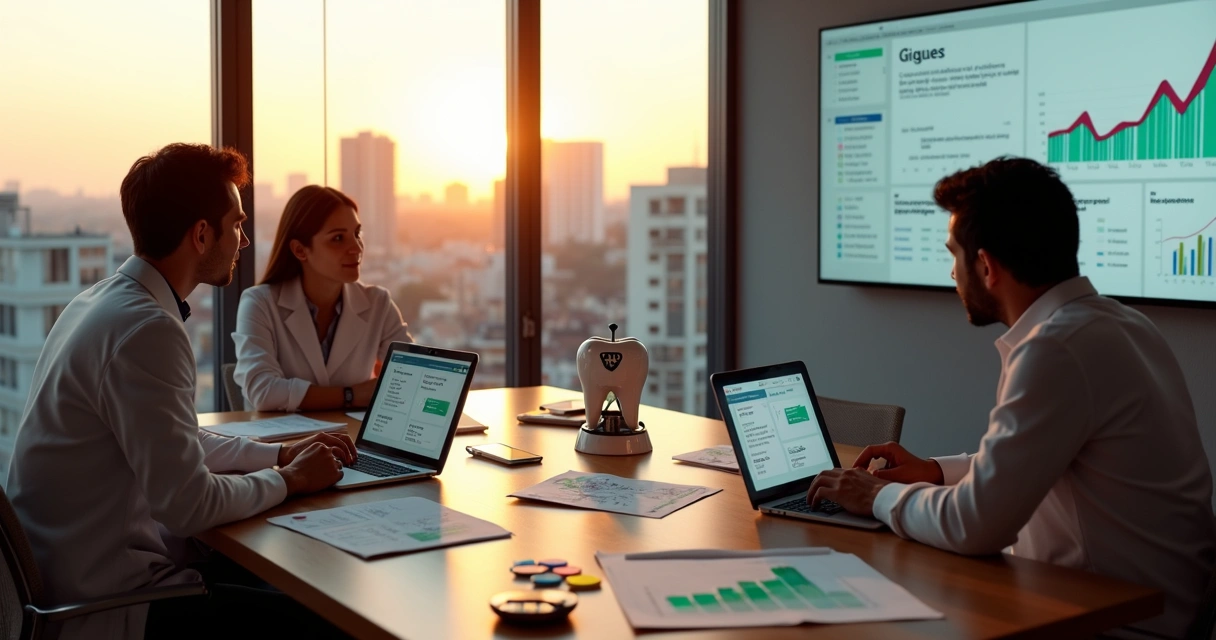 Equipe planejando marketing odontológico em escritório com vista de Ribeirão Preto 