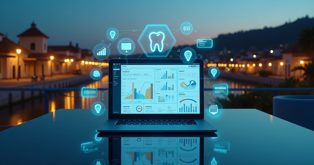 Estratégia de marketing odontológico representada em hologramas diante da orla de São Luís à noite 