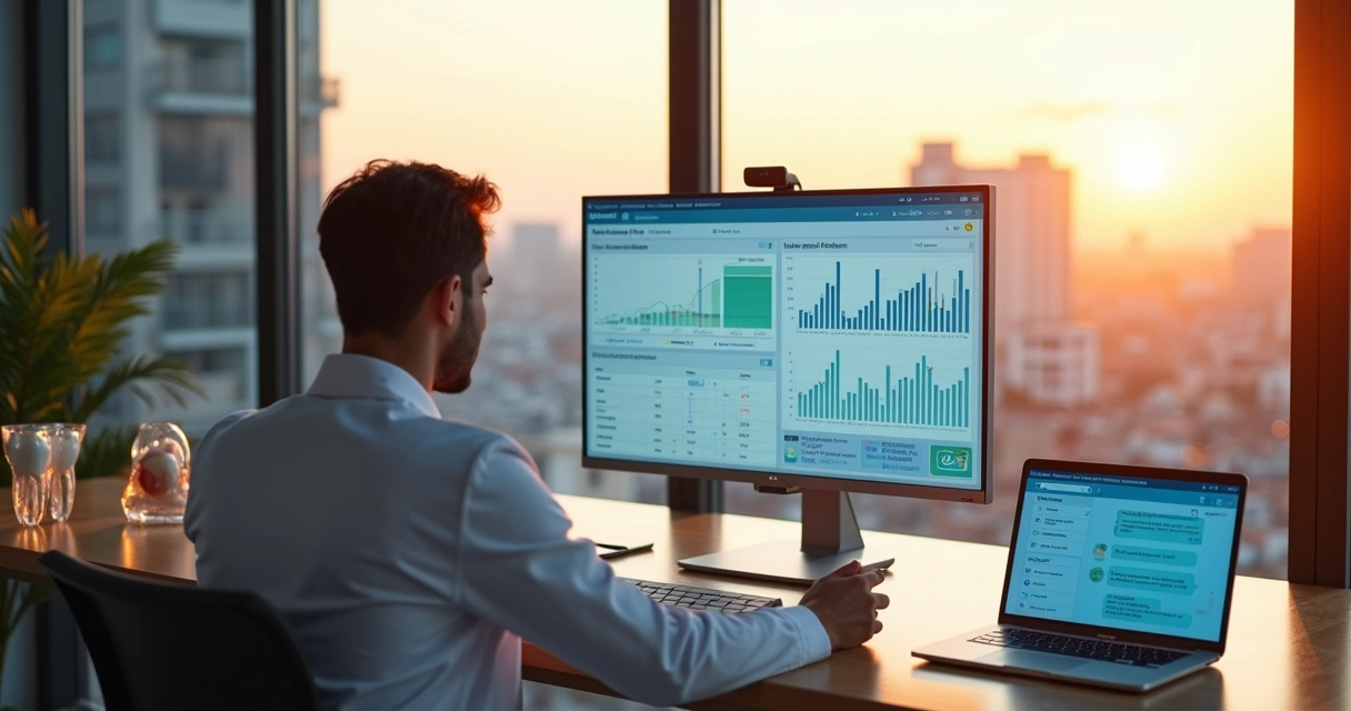 Dentista em consultório moderno analisando painel digital de marketing odontológico 