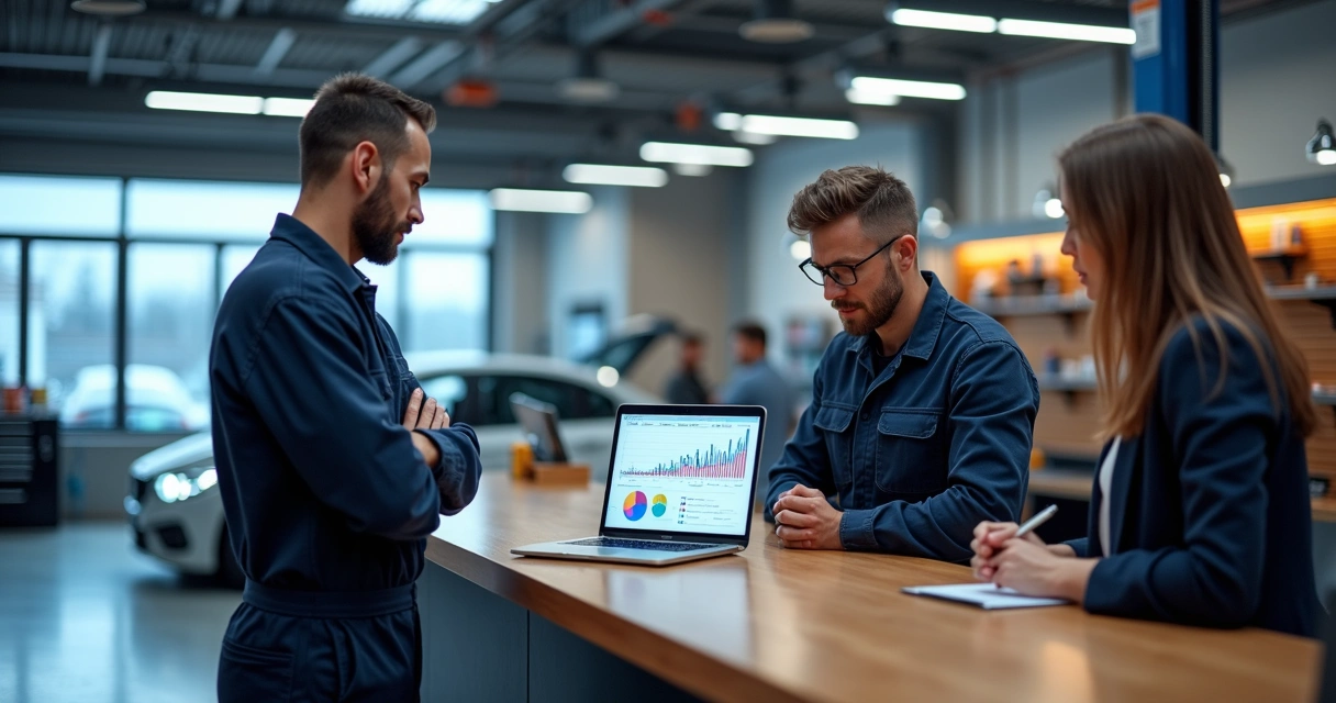 Equipe de oficina mecânica analisando dados de marketing em laptop na área de atendimento 