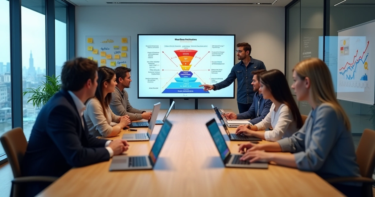Equipe de agência digital analisando funil de marketing e métricas em grande tela 