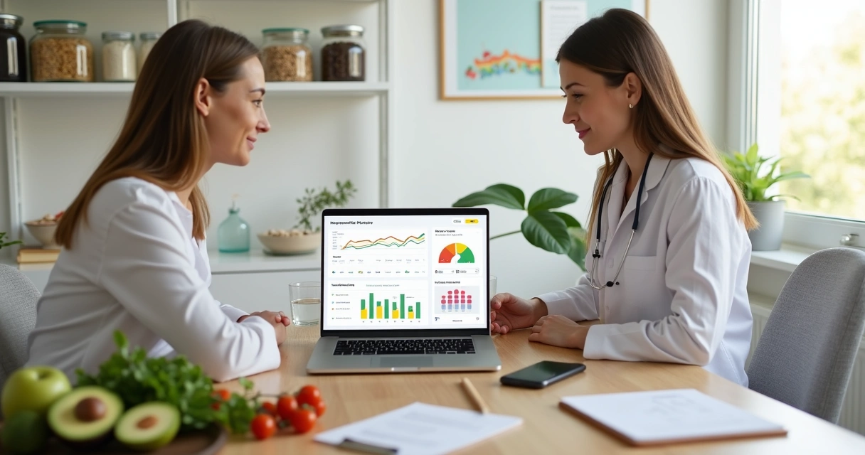 Nutricionista atendendo paciente em consultório com notebook mostrando gráficos de marketing digital 