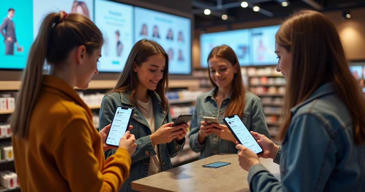 Celulares mostrando anúncios personalizados e clientes sorrindo em uma loja