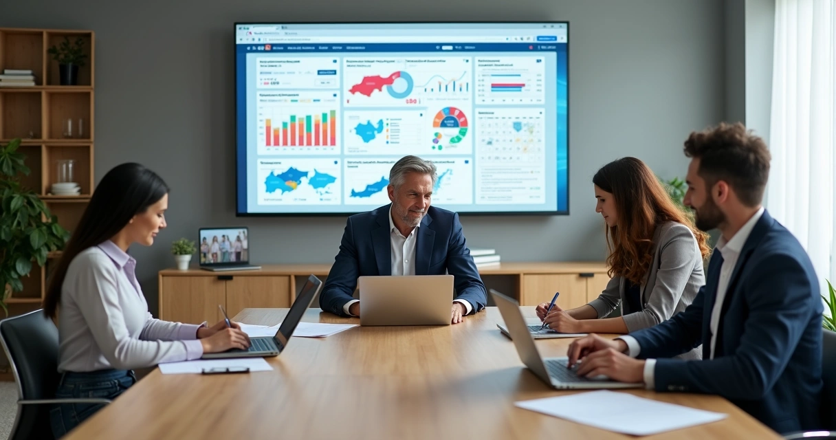 Político e equipe analisando estratégia de marketing político em telas digitais 