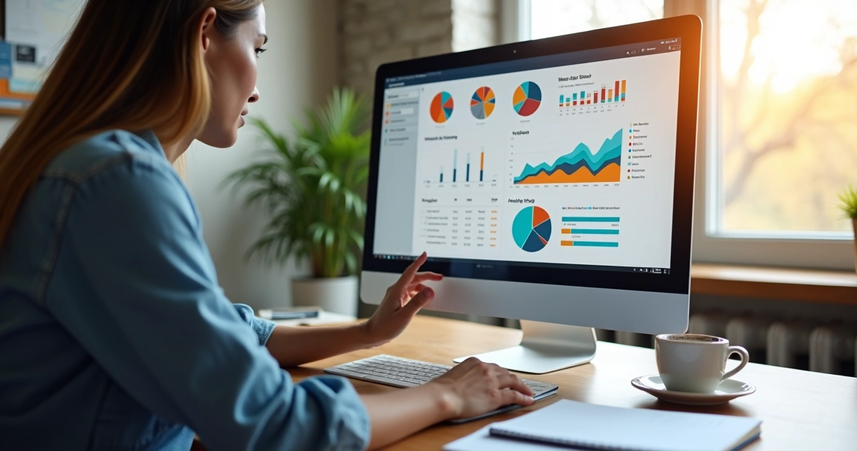 Tela de computador com gráficos de marketing digital em hotelaria 