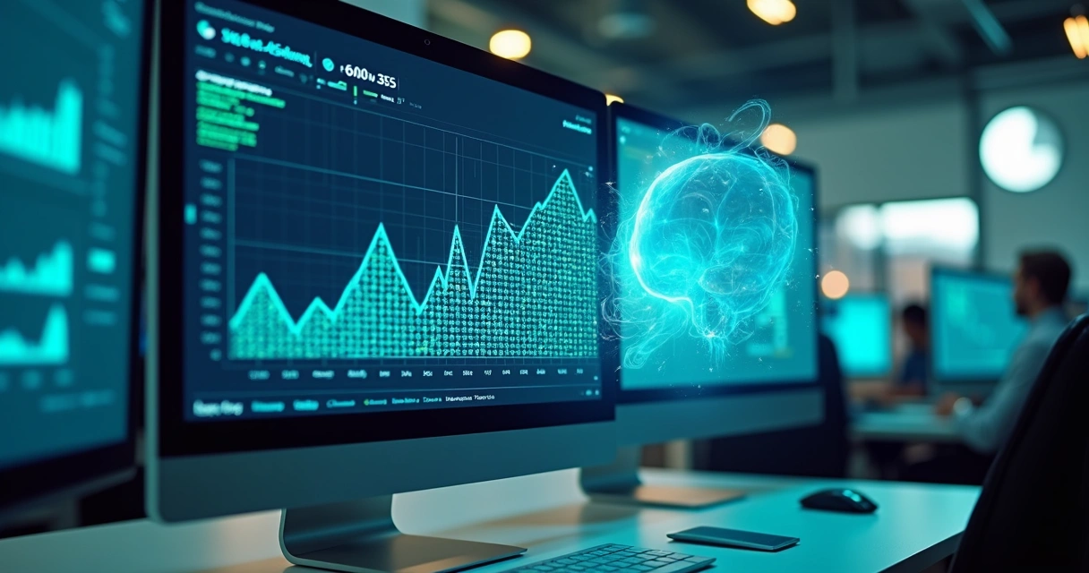 Gráfico de marketing digital em tela de computador com inteligência artificial analisando dados 
