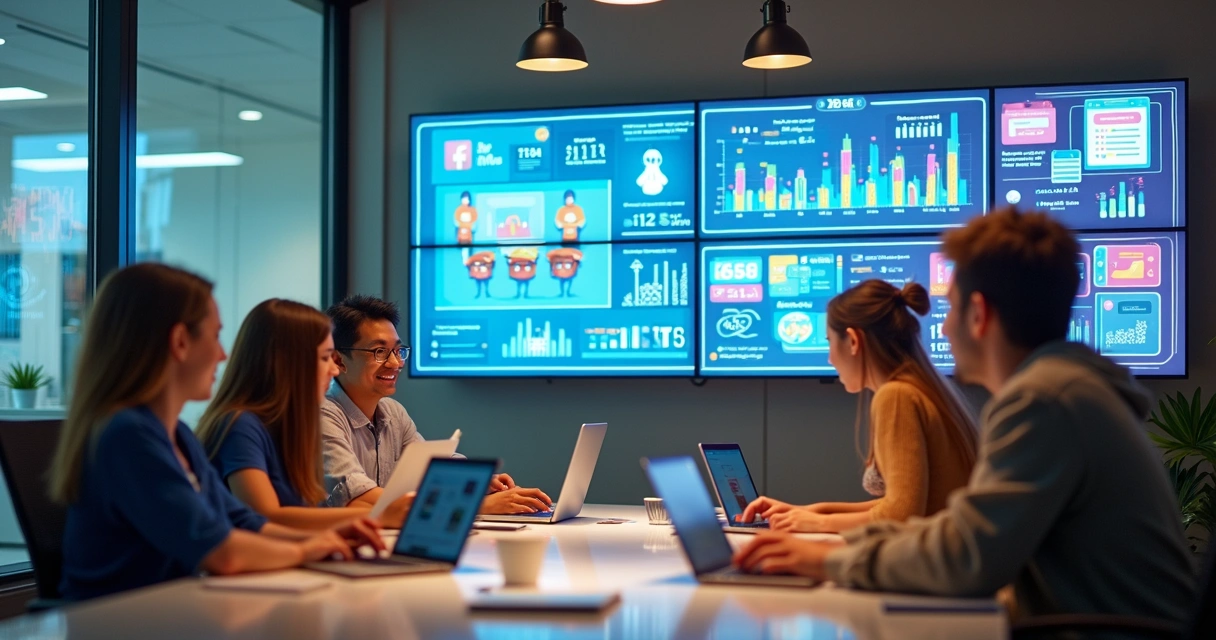 Equipe de marketing organizando publicações em redes sociais para escola 