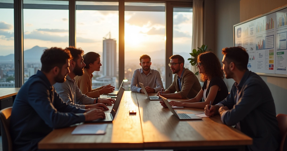 Profissionais conversando em mesa de coworking, computadores e anotações ao redor 
