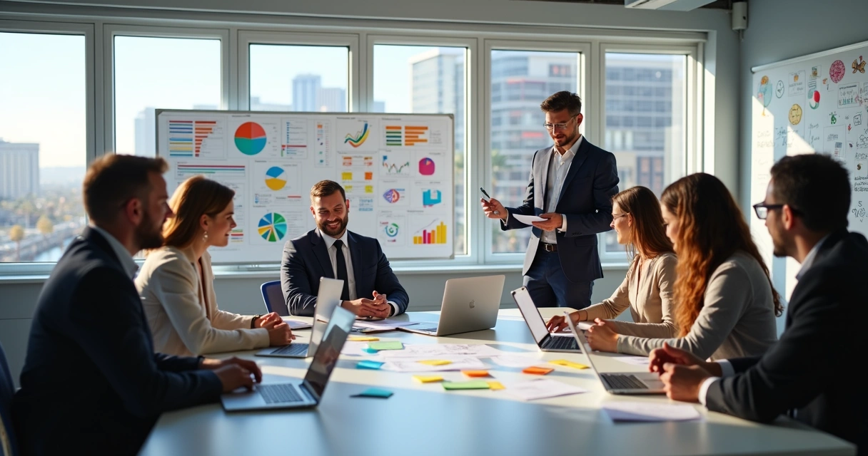 Team in a modern office analyzing digital marketing research charts