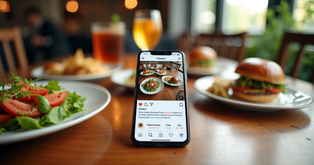 Mesa de restaurante com celular exibindo post de redes sociais e pratos ao redor 