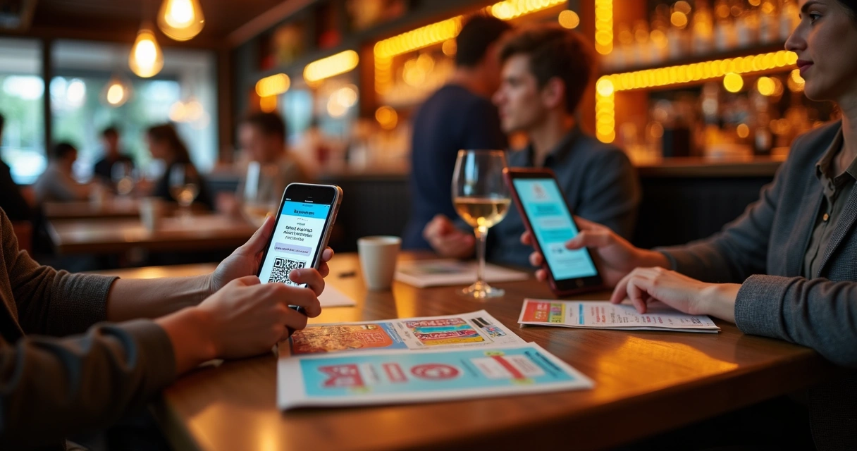 Mesa de restaurante com cardápios digitais e anúncios de promoção 