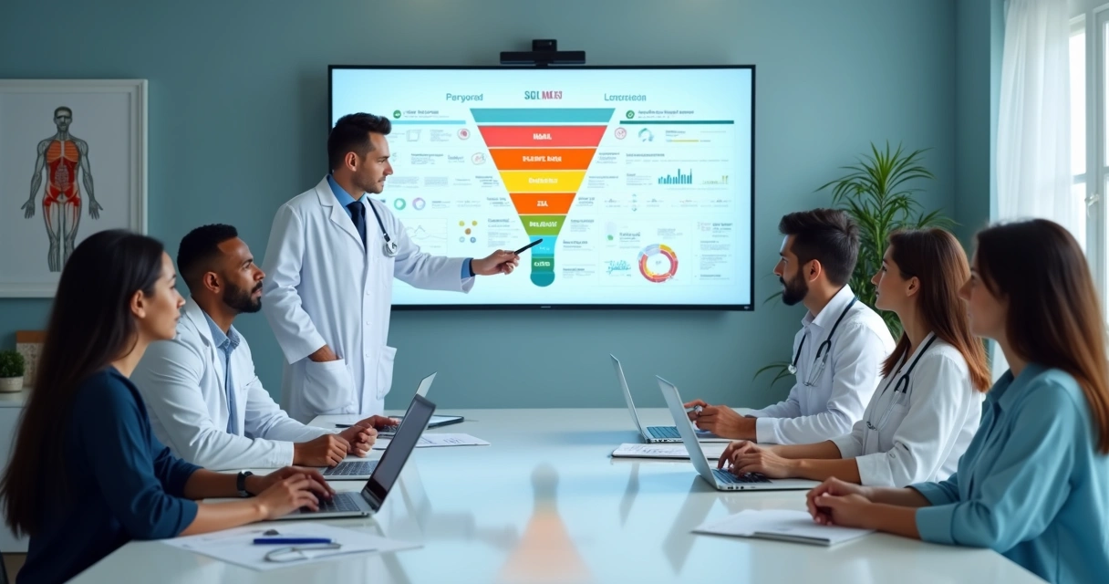Equipe de marketing em clínica analisando funil de leads qualificados em tela grande 