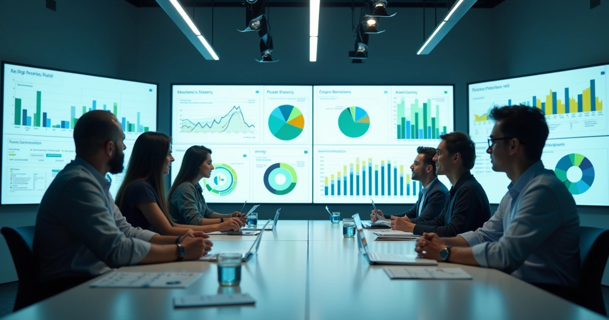 Equipe de marketing analisando gráficos de IA em ambiente moderno 