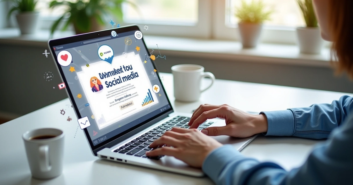 Pessoa digitando texto publicitário em laptop com elementos de engajamento na tela 